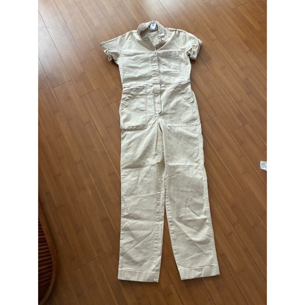 Topo Design short tan beige denim jumpsuit women's small